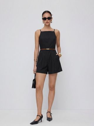 Linen-blend Square Neck Mid Rise Metal Detail Cami Romper With Belt