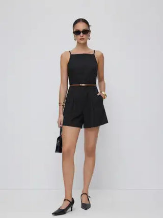Linen-blend Square Neck Mid Rise Metal Detail Cami Romper With Belt
