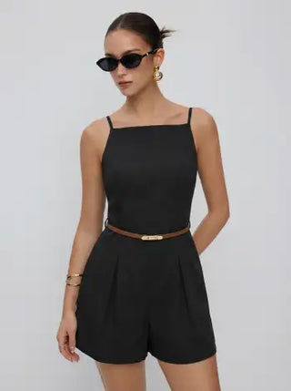 Linen-blend Square Neck Mid Rise Metal Detail Cami Romper With Belt