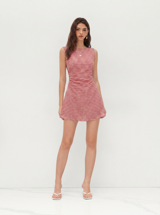 Linen-blend Boat Neck Solid Knotted Backless Mini Dress
