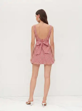 Linen-blend Boat Neck Solid Knotted Backless Mini Dress