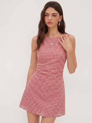 Linen-blend Boat Neck Solid Knotted Backless Mini Dress