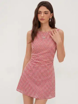 Linen-blend Boat Neck Solid Knotted Backless Mini Dress