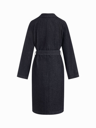 Denim Washed Notched Collar Double Breasted Longline Oversized Jacket With Belt