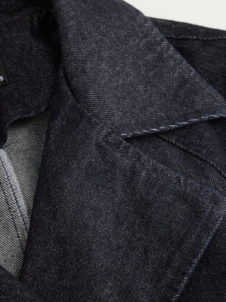 Denim Washed Notched Collar Double Breasted Longline Oversized Jacket With Belt