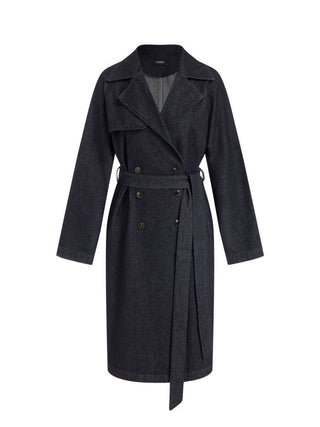 Denim Washed Notched Collar Double Breasted Longline Oversized Jacket With Belt
