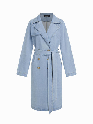 Denim Washed Notched Collar Double Breasted Longline Oversized Jacket With Belt