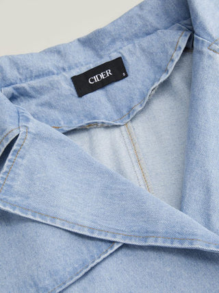 Denim Washed Notched Collar Double Breasted Longline Oversized Jacket With Belt