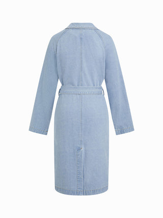 Denim Washed Notched Collar Double Breasted Longline Oversized Jacket With Belt