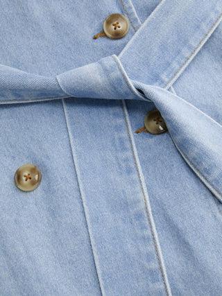 Denim Washed Notched Collar Double Breasted Longline Oversized Jacket With Belt