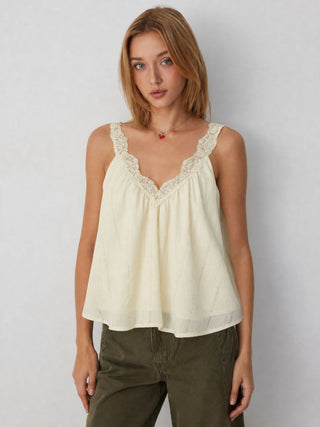 Textured V-neck Ruched Lace Trim Tank Blouse