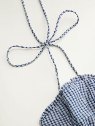 Cotton-blend Gingham Ruched Bowknot Strappy A-line Maxi Dress