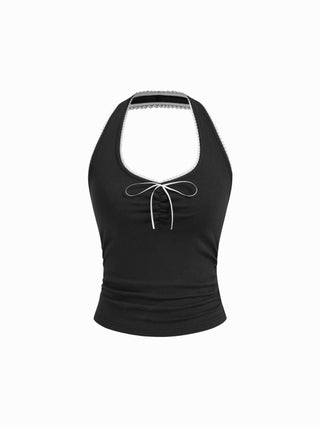 Cotton-blend Halter Neck Ruched Front Cami Top