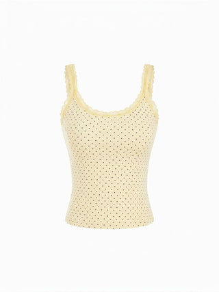 Cotton-blend Polka Dot Scoop Neckline Lace Trim Cami Top