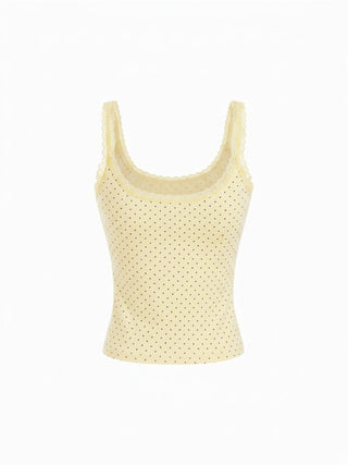 Cotton-blend Polka Dot Scoop Neckline Lace Trim Cami Top