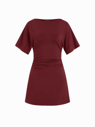 Boat Neck Short Sleeve Ruched A-line Mini Dress
