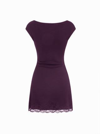 Cotton-blend Boat Neck Ruched Lace Panel A-line Mini Dress