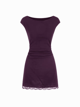Cotton-blend Boat Neck Ruched Lace Panel A-line Mini Dress