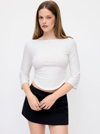 Knit Fabric Boat Neck Curved-Hem 3/4 Long Sleeve Tee