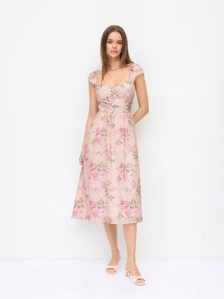 Eyelet Floral Sweetheart Neck Shirred Flared Midi Dress