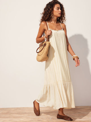 Braided Strap Shell Detail Ruffle Hem Tie Back Oversized Maxi Dress