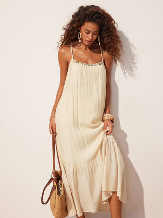 Braided Strap Shell Detail Ruffle Hem Tie Back Oversized Maxi Dress