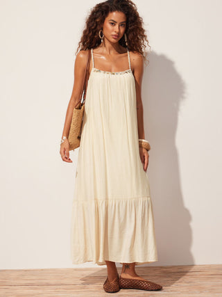 Braided Strap Shell Detail Ruffle Hem Tie Back Oversized Maxi Dress