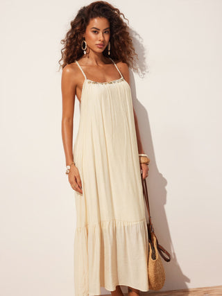 Braided Strap Shell Detail Ruffle Hem Tie Back Oversized Maxi Dress