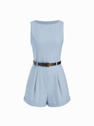 Linen-blend Boat Neck Mid Rise Romper With Belt