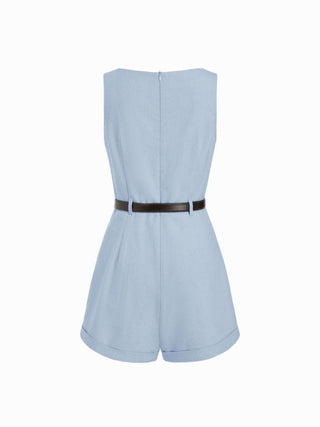 Linen-blend Boat Neck Mid Rise Romper With Belt