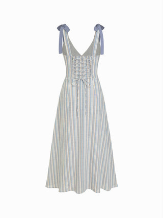 Linen-blend Sweetheart Neck Bowknot Lace-up A-line Maxi Dress