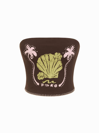 Cotton-blend Shell Graphic Bandeau Lettuce Trim Crop Top