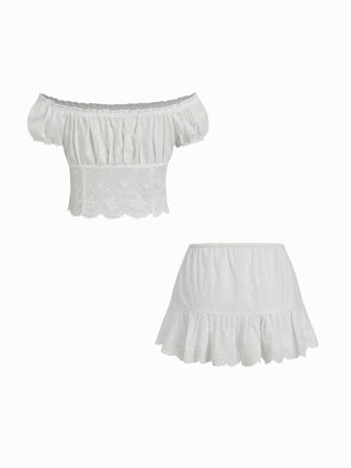 Cotton-blend Broderie Anglaise Off-shoulder Top & Mid Rise Mini Skirt Set