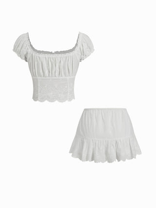 Cotton-blend Broderie Anglaise Off-shoulder Top & Mid Rise Mini Skirt Set