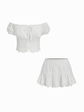 Cotton-blend Broderie Anglaise Off-shoulder Top & Mid Rise Mini Skirt Set