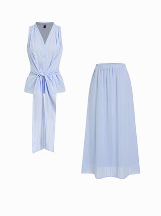 Textured Cotton-blend V-neck Tie Front Top & Mid Rise Maxi Skirt Set