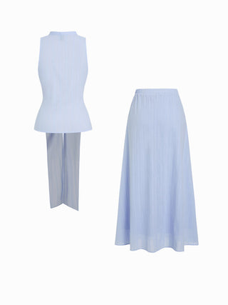 Textured Cotton-blend V-neck Tie Front Top & Mid Rise Maxi Skirt Set