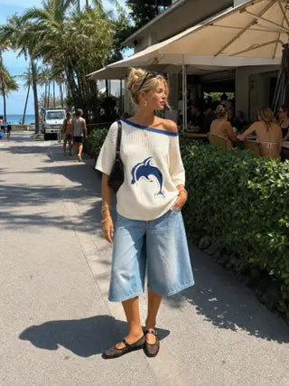 Knit Cotton-blend Crochet Dolphin Graphic Boat Neck Oversized Short Sleeve Top