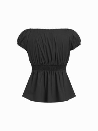 Cotton-blend Scoop Neckline Puff Sleeve Ruched Lace Trim Blouse
