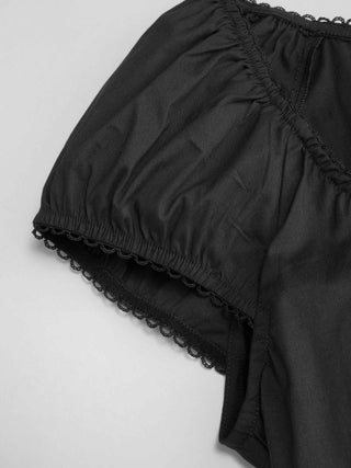Cotton-blend Scoop Neckline Puff Sleeve Ruched Lace Trim Blouse