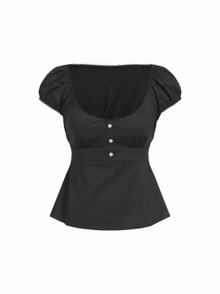 Cotton-blend Scoop Neckline Puff Sleeve Ruched Lace Trim Blouse