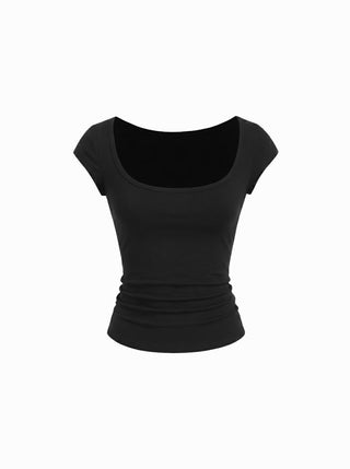 Scoop Neckline Ruched Cap Sleeve Top