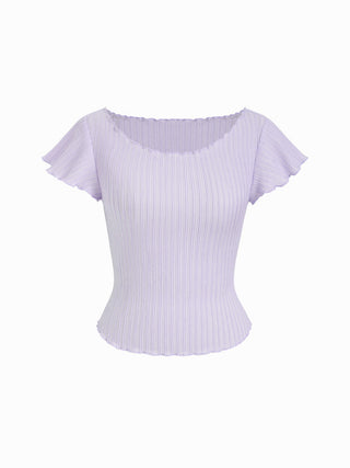 Textured Boat Neck Ruffle Sleeve Lettuce Trim Tee