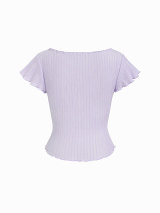 Textured Boat Neck Ruffle Sleeve Lettuce Trim Tee