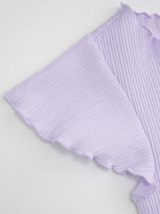 Textured Boat Neck Ruffle Sleeve Lettuce Trim Tee