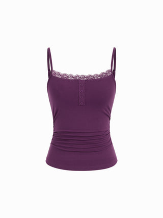 Lace Panel Ruched Henley Cami Top