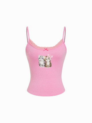 Pointelle Cat Graphic U-neckline Lace Trim Bowknot Cami Top