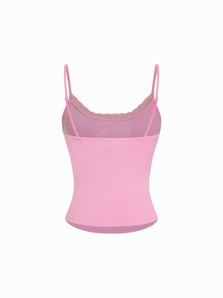 Pointelle Cat Graphic U-neckline Lace Trim Bowknot Cami Top