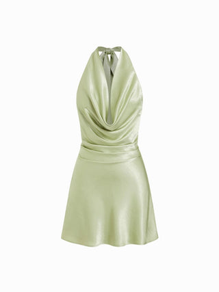 Sage Satin Halter Neck Ruched Mini Dress