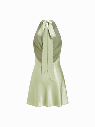Sage Satin Halter Neck Ruched Mini Dress